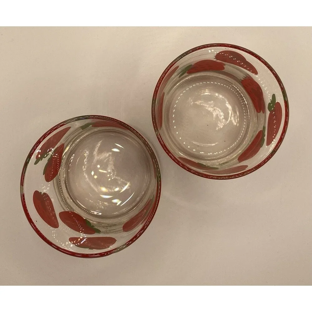 2) Vtg 70s Strawberry Glasses Signed by Colony 3.5” Drinkware MCM Juice Lowball